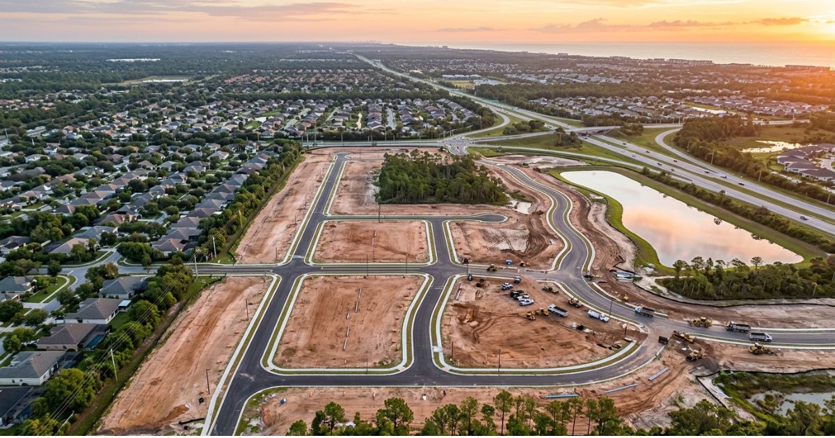 Terreno vazio ensolarado na Flórida ao entardecer, representando uma oportunidade de investimento em terra para compradores em 2026