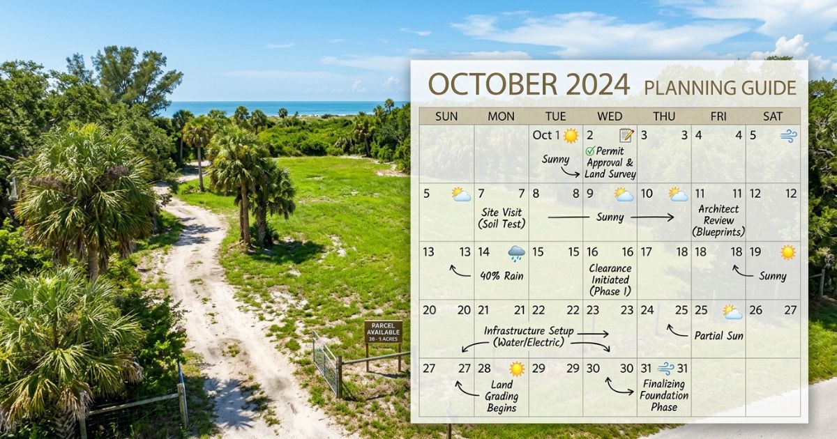 Vacant coastal Florida land for sale overlaid with an October planning calendar showing land survey, permit approval, and site visit milestones