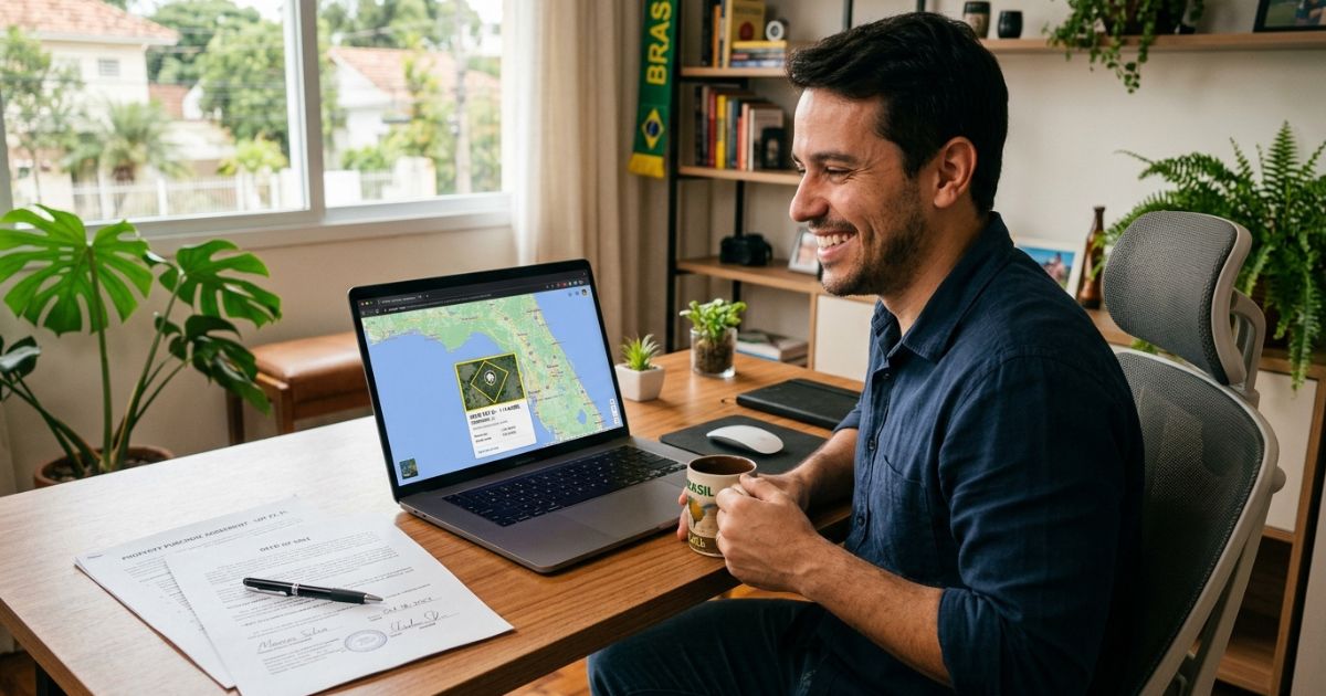 Investidor brasileiro sorrindo em seu home office em São Paulo, com café e um lenço do Brasil ao lado, olhando o mapa de um terreno na Flórida no laptop enquanto o contrato de compra assinado está sobre a mesa