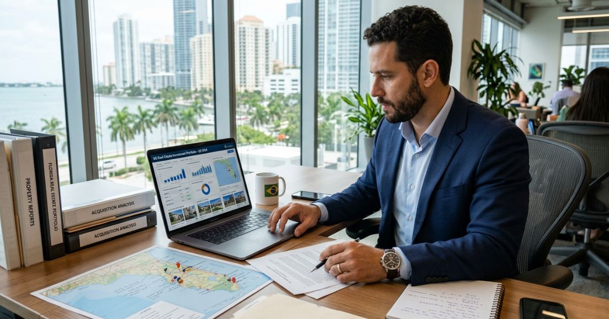 Investidores brasileiros analisando terrenos na Flórida — diversificação de patrimônio no exterior com ativos imobiliários nos EUA