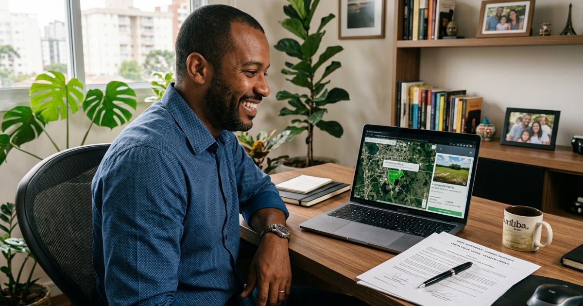 Brazilian investor smiling in his home office, with a Curitiba mug beside him, looking at a satellite map of a purchased Florida land parcel on his laptop while the signed property purchase contract sits on the desk