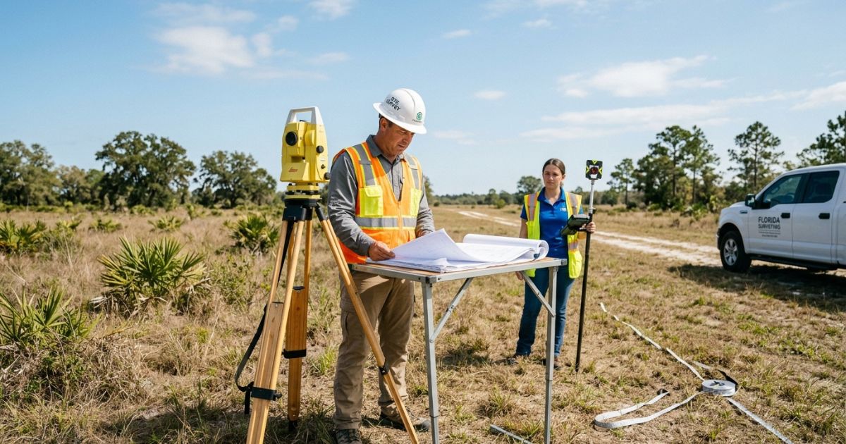 Land survey stakes and flags marking a Florida vacant lot — verifying buildability before purchase