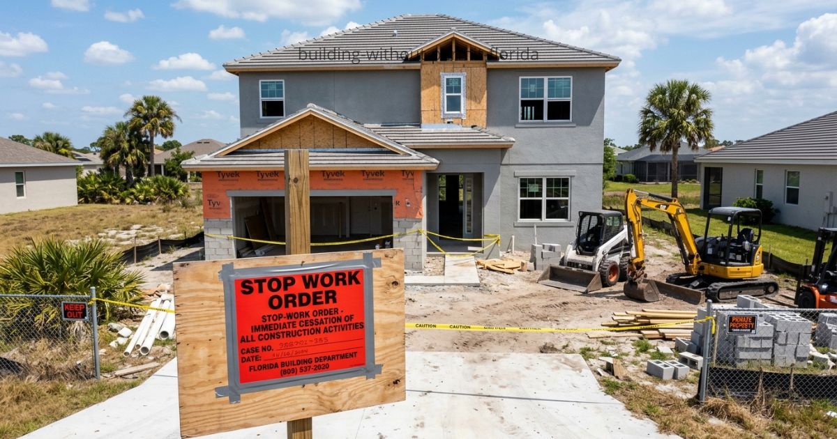 Residential construction site in Florida with exposed wood framing and open structure — consequences of building without a building permit