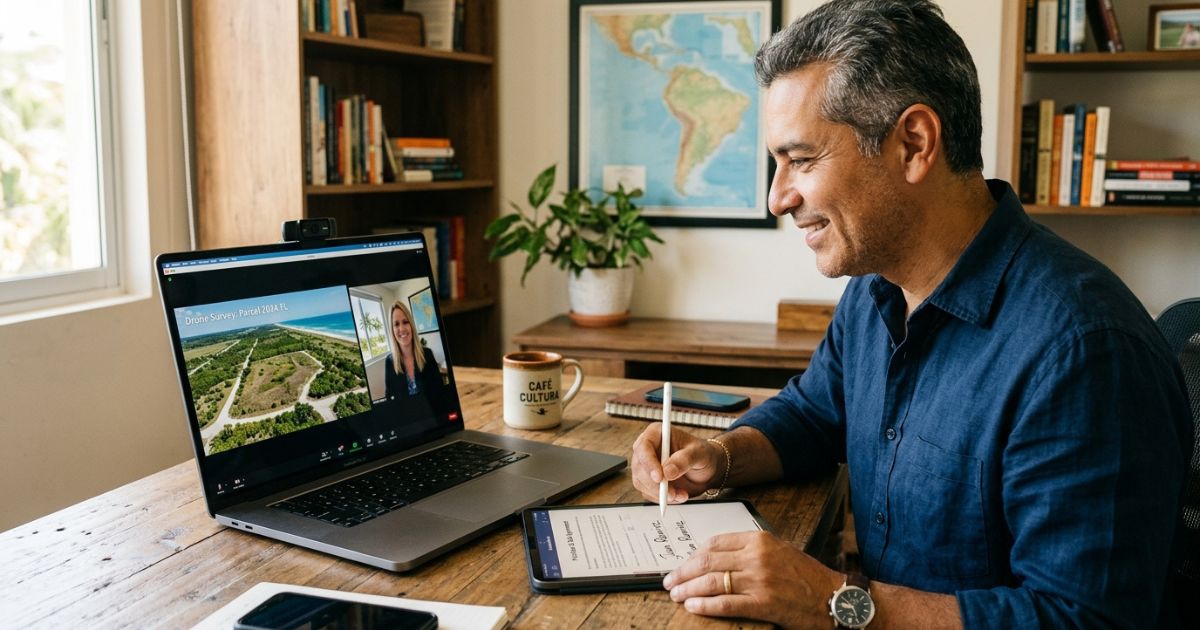 Buyer on a video call reviewing a Florida land parcel map on a laptop, with coffee and signed closing documents on the home desk