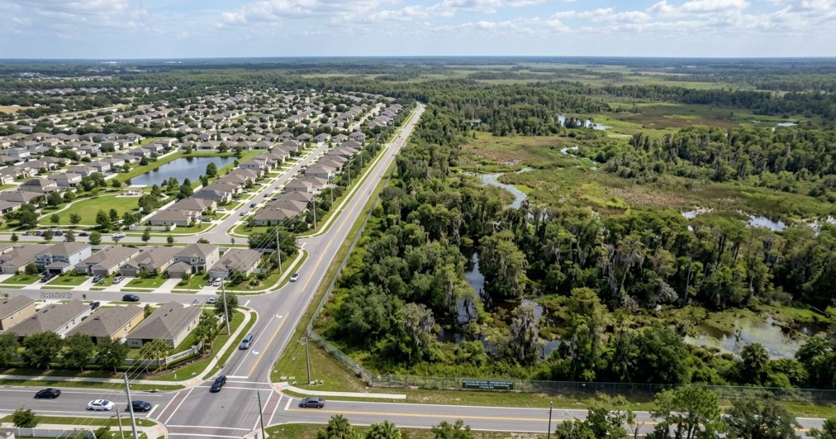 Vacant Florida land with native vegetation and open sky — zoning and building restriction analysis before purchase
