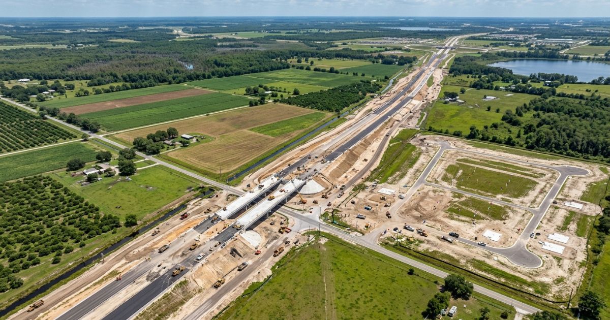 Aerial view of a new highway interchange under construction through farmland in Central Florida, with a platted residential subdivision and stormwater retention ponds visible alongside the road