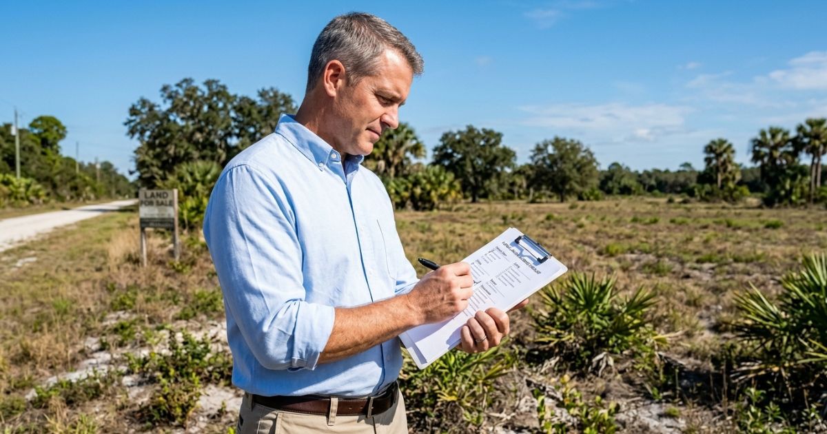 Homem revisando um checklist de compra em uma prancheta enquanto observa um terreno à venda na Flórida, com placa de 'Land For Sale' ao fundo