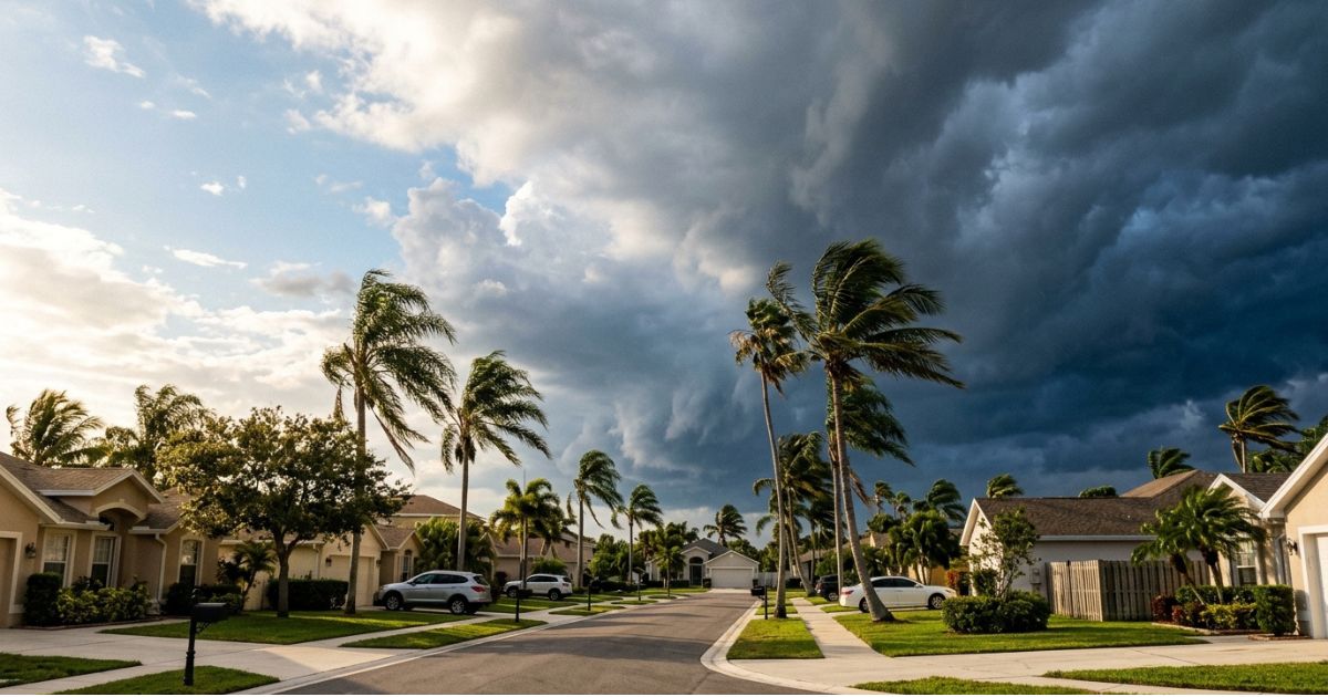Céu escurecido por nuvens de tempestade sobre um bairro residencial da Flórida, com palmeiras curvadas pelo vento durante a temporada de furacões