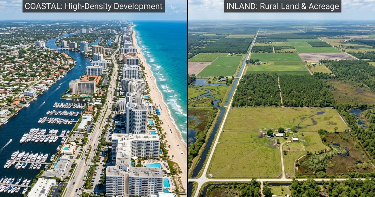 Aerial view showing the transition from open inland farmland to dense coastal development in Florida, with canals, marinas, and waterfront homes near the ocean