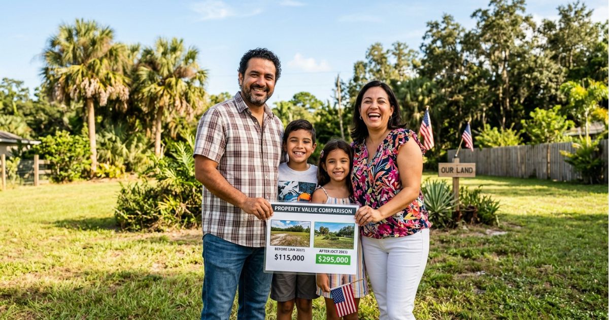 Colombian family smiling in front of the Florida land parcel they purchased, which appreciated 60% in value over three years