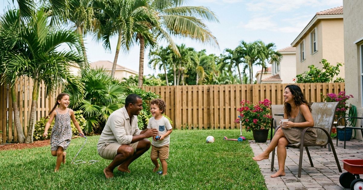 Família brasileira sorrindo no quintal de casa na Flórida, com palmeiras e cerca de madeira ao fundo, pai brincando com os filhos enquanto a mãe observa sentada