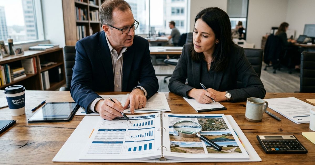 Avaliador imobiliário revisando planta e mapa de um terreno na Flórida para elaborar relatório de appraisal