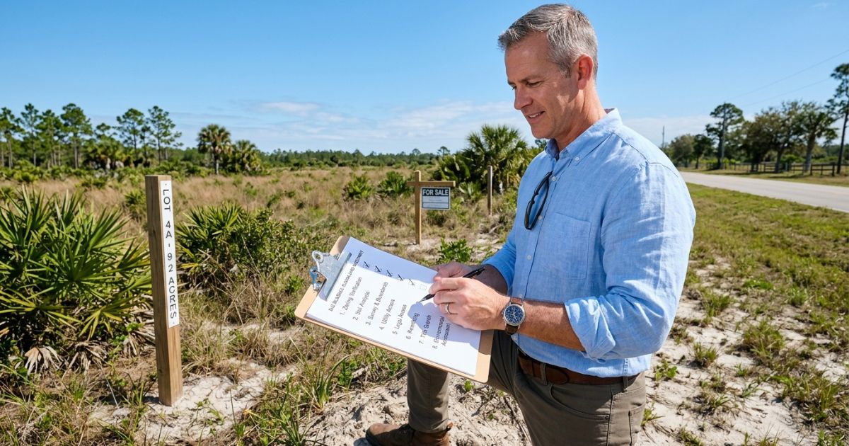 Man filling out a land-buying checklist on a clipboard beside a Florida lot marker and a 'For Sale' sign in a vacant parcel