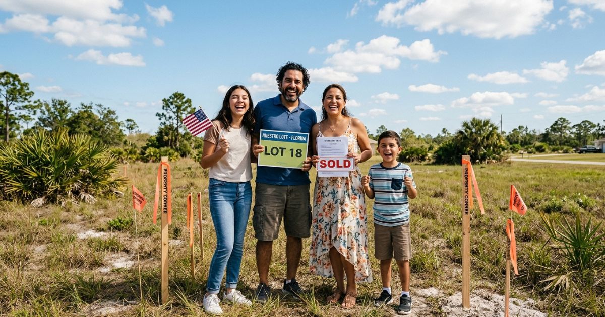 Multigenerational Latin American family smiling on a vacant Florida land lot with survey flags and a SOLD sign in the background, celebrating their first land purchase