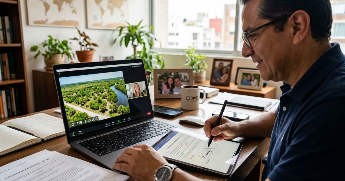 Comprador em videochamada analisando o mapa de um terreno na Flórida em um laptop, com café e documentos assinados sobre a mesa em casa