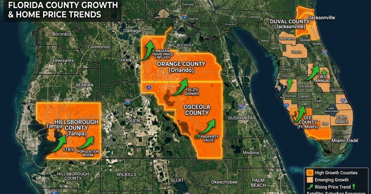 Mapa da Flórida destacando condados com maior valorização de terrenos em 2026 — Nassau, St. Johns, Flagler, Osceola, Polk, Manatee e Charlotte County