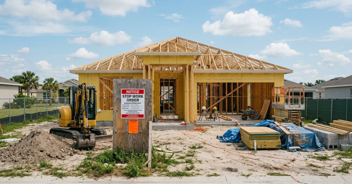 Obra em construção na Flórida com andaime e estrutura exposta — riscos legais de edificar sem building permit