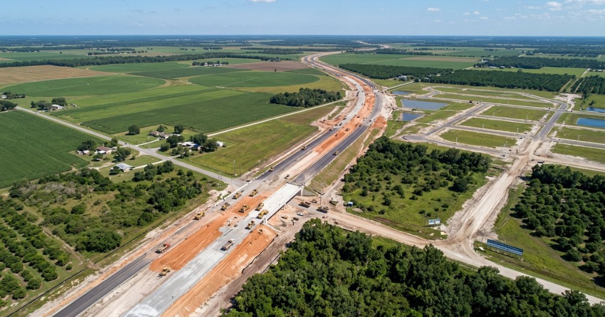 Vista aérea de uma nova rodovia em construção cortando terras agrícolas na Flórida Central, com um loteamento residencial em desenvolvimento e lagoas de retenção ao lado