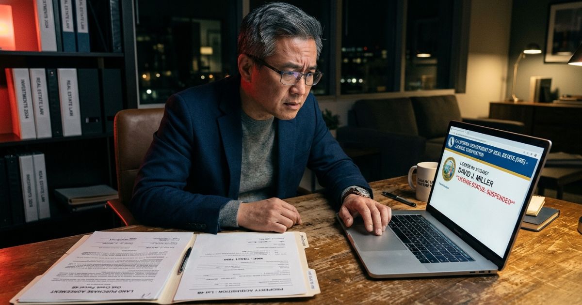 Investidor verificando no laptop o status de licença de um corretor imobiliário em site oficial do estado, com tela mostrando 'License Status: Suspended' ao lado de um contrato de compra de terreno sobre a mesa