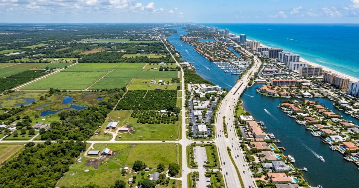 Vista aérea mostrando a transição entre terrenos rurais no interior e a densa ocupação litorânea da Flórida, com canais, marinas e construções próximas ao oceano