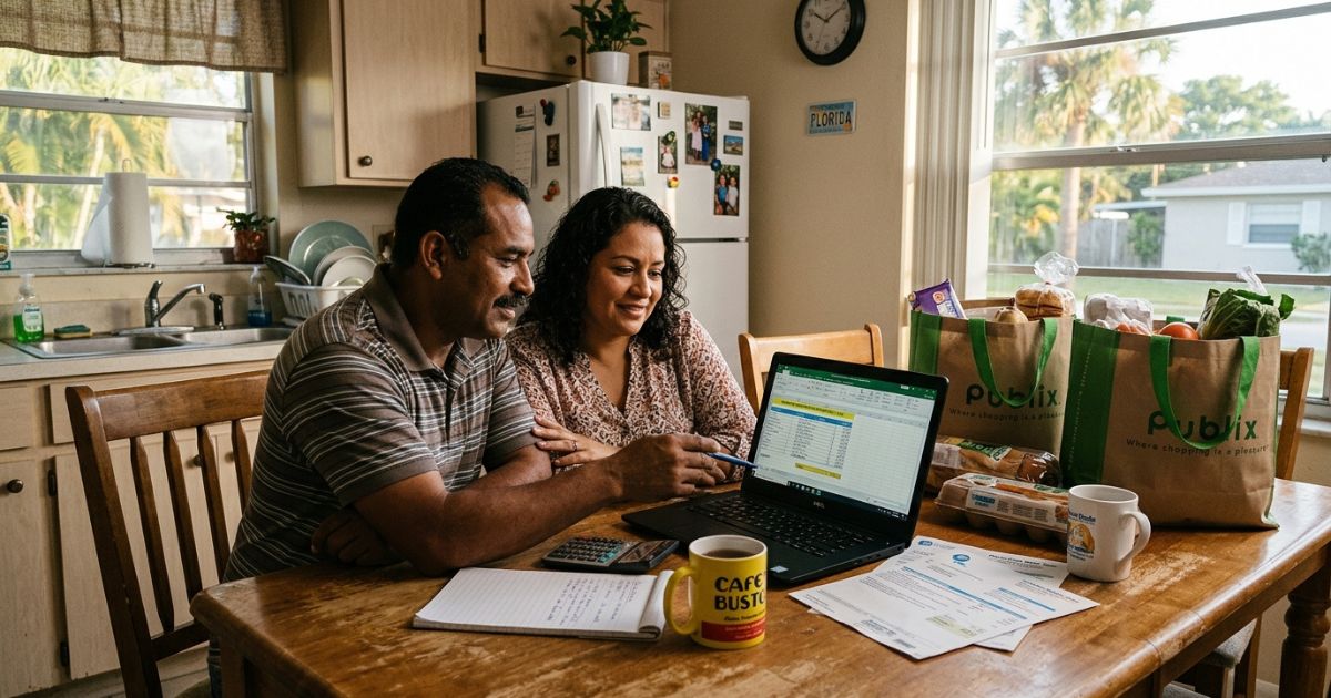 Casal latino sentado à mesa da cozinha revisando orçamento mensal em um laptop, com calculadora, contas, sacolas de compras do Publix e caneca de café, em casa na Flórida