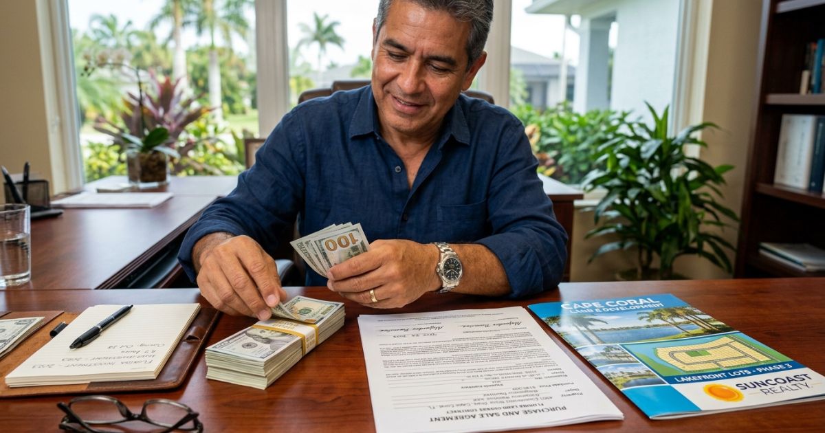 Couple calculating the down payment needed to buy land in Florida, with a calculator, contract, and parcel map on the table