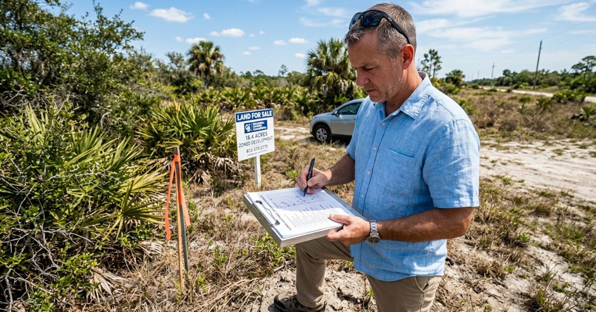 Comprador revisando checklist de due diligence em prancheta ao lado de terreno à venda na Flórida, com placa 'Land for Sale' ao fundo