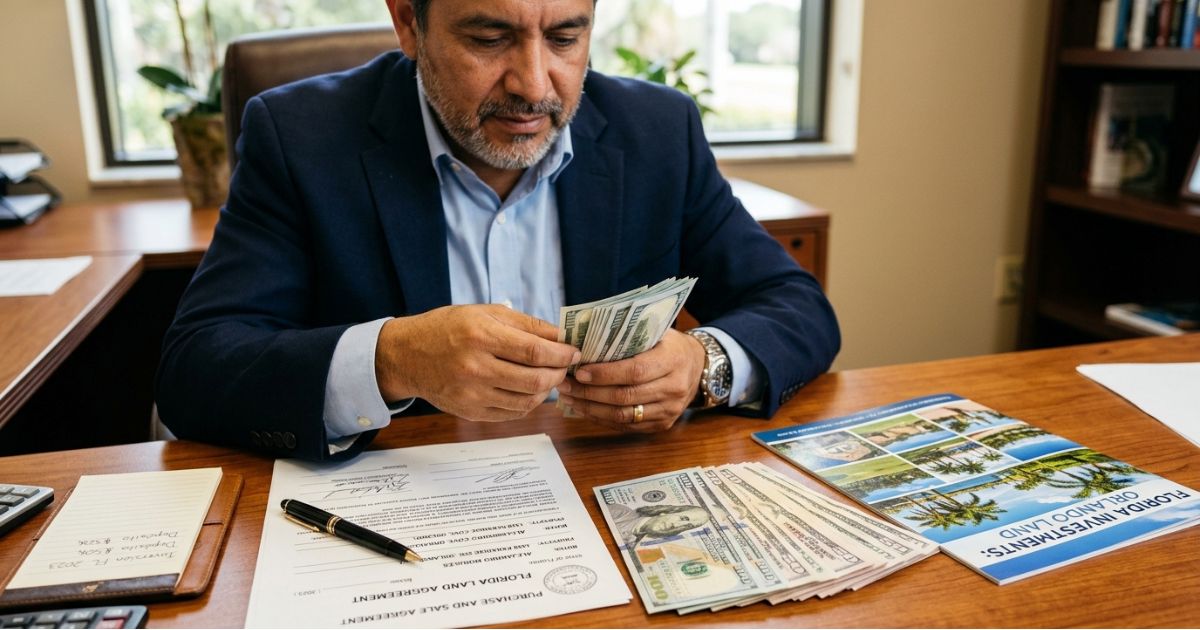 Casal calculando o valor da entrada para comprar um terreno na Flórida, com calculadora, contrato e mapa do lote sobre a mesa
