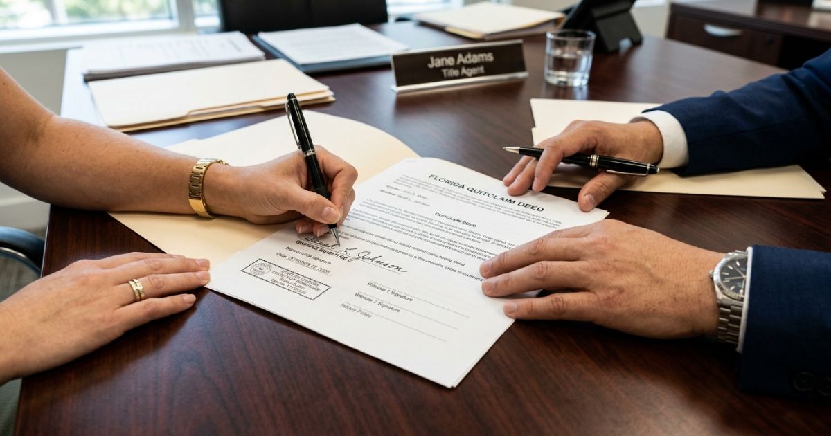 Escritura de imóvel (deed) nos EUA sendo analisada por comprador estrangeiro — documentação de transferência de propriedade na Flórida