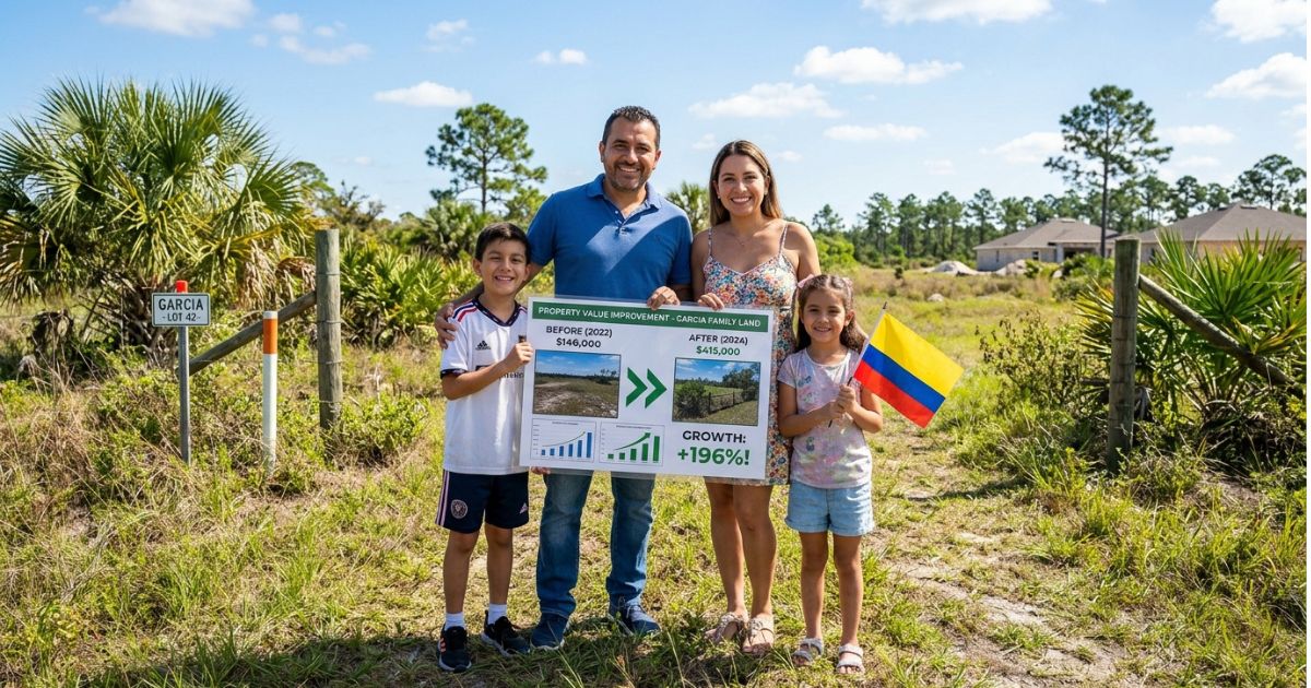 Família colombiana sorrindo em frente ao terreno que compraram na Flórida, que valorizou 60% em três anos de investimento