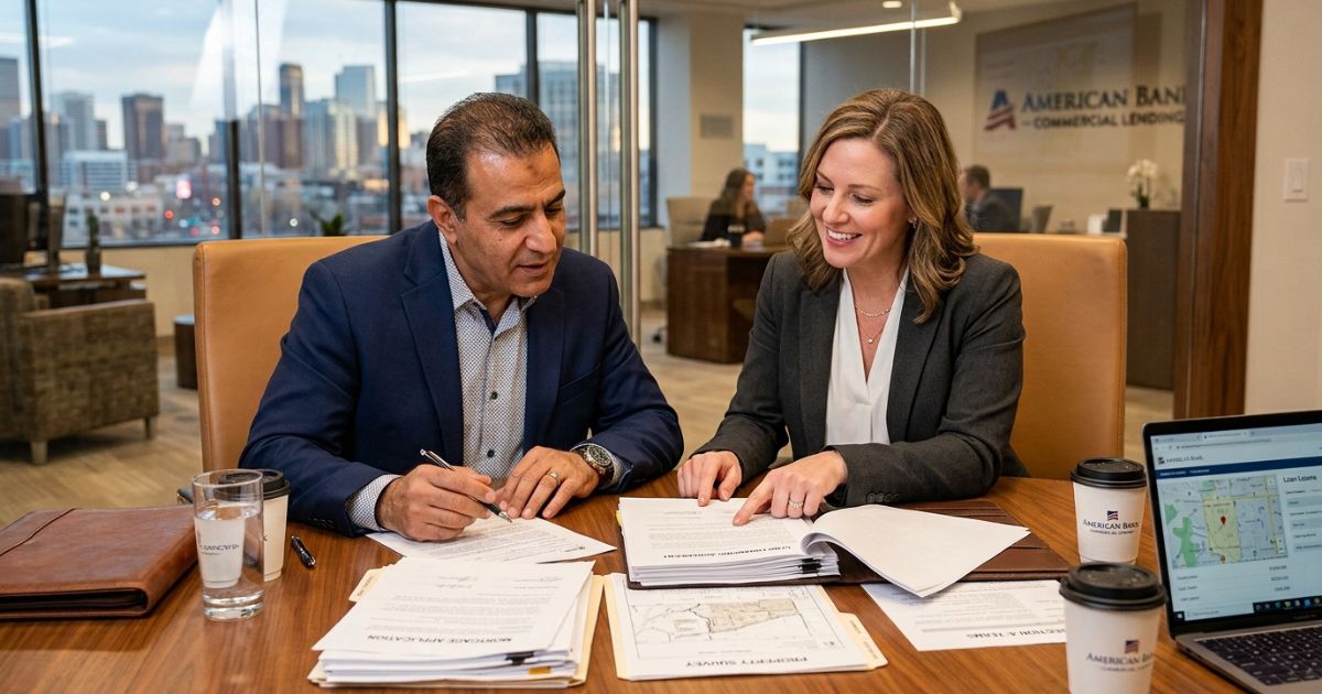 Casal de investidores estrangeiros revisando documentos de financiamento e mapa de terreno nos Estados Unidos sobre uma mesa, com laptop e calculadora