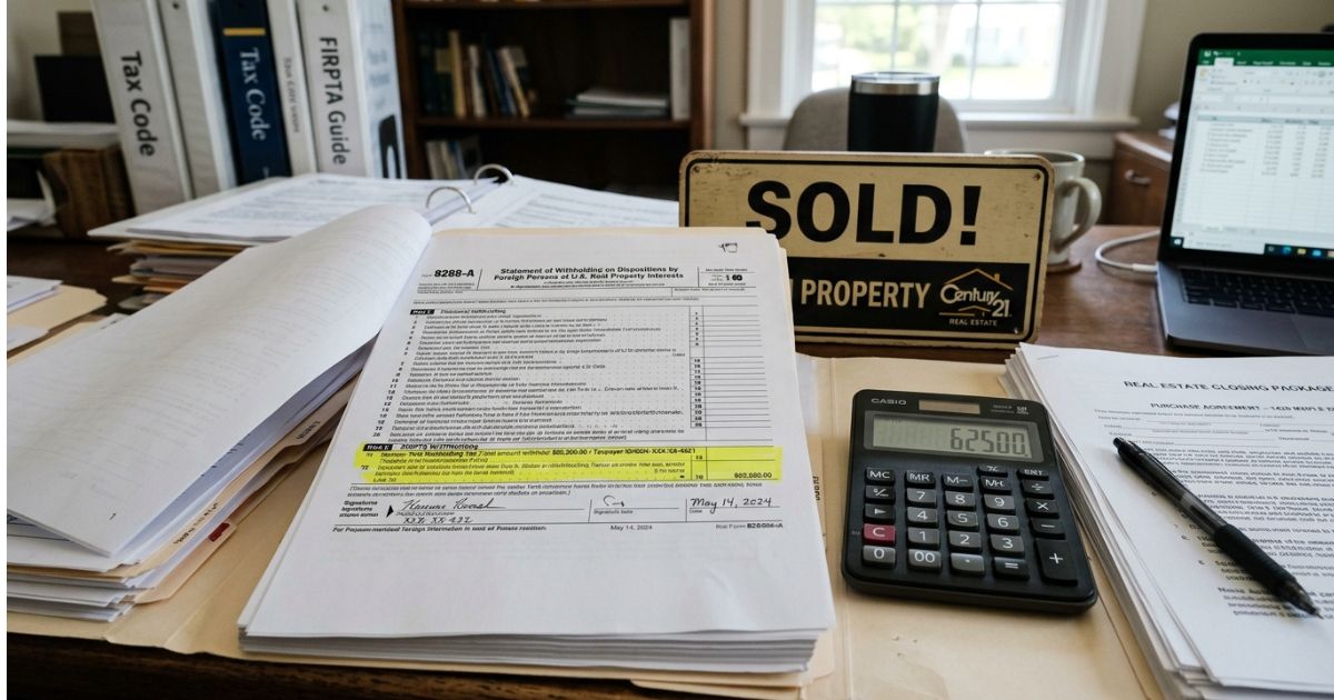 Formulário do IRS relacionado ao FIRPTA sobre mesa durante processo de venda de imóvel nos EUA por estrangeiro não-residente