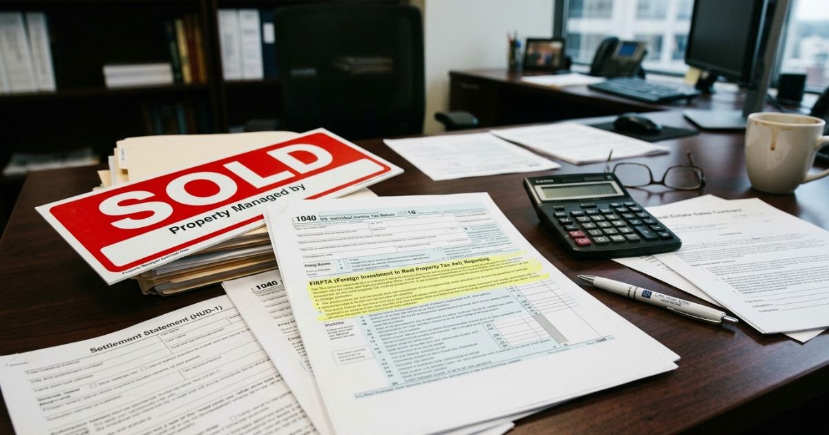 IRS FIRPTA withholding tax documents on desk during US property sale by foreign owner — federal tax paperwork for non-resident real estate transaction in Florida