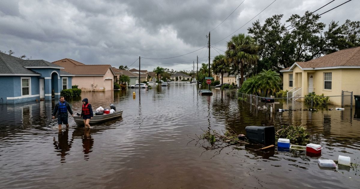 Flooded residential street in Florida with water reaching car doors and homes in the background after heavy rainfall