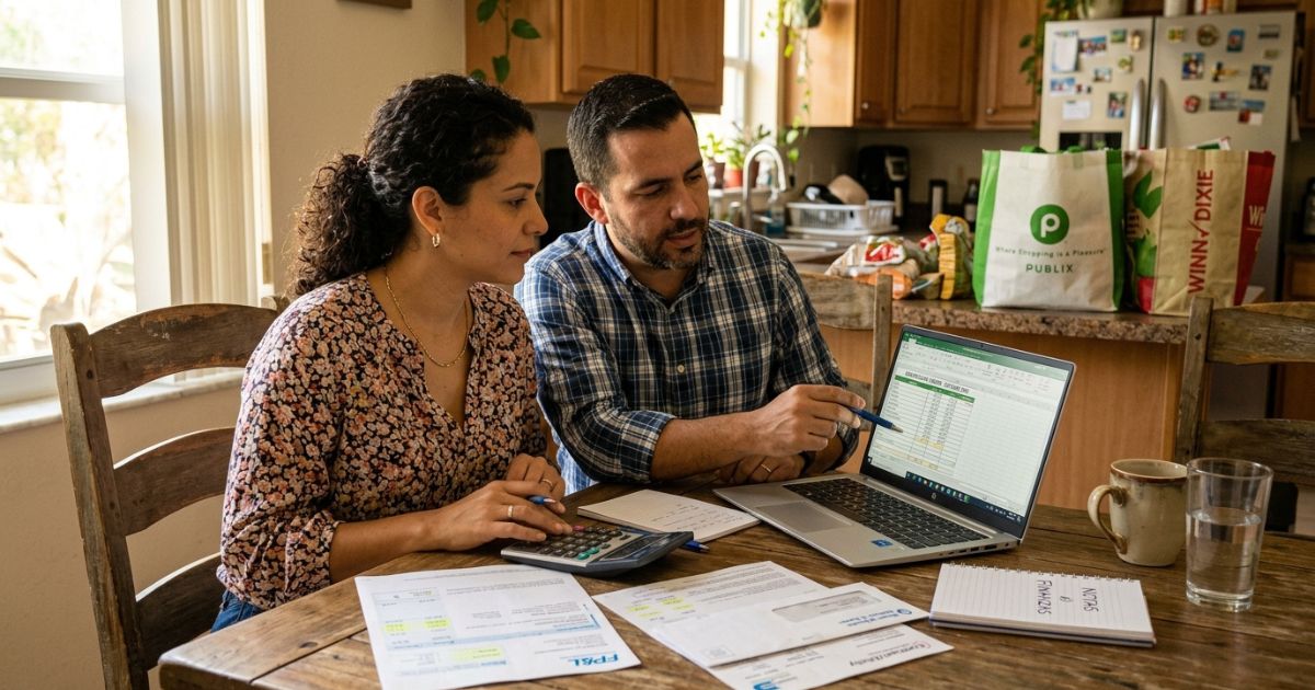 Latino couple sitting at their kitchen table reviewing a monthly budget spreadsheet on a laptop, with a calculator, utility bills, and Publix and Winn-Dixie grocery bags, in a Florida home