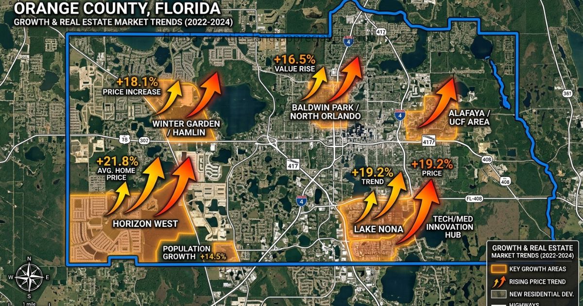 Florida county map highlighting regions with the fastest land appreciation growth in 2026 — Nassau, St. Johns, Flagler, Osceola, Polk, Manatee, and Charlotte County