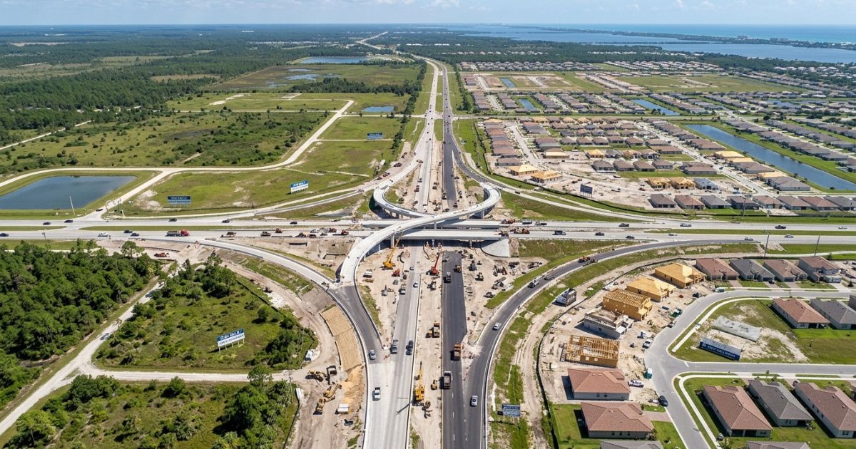 Aerial view of a new highway interchange under construction in Florida, with framed homes and new subdivisions rising on one side and still-vacant land and coastline visible on the other