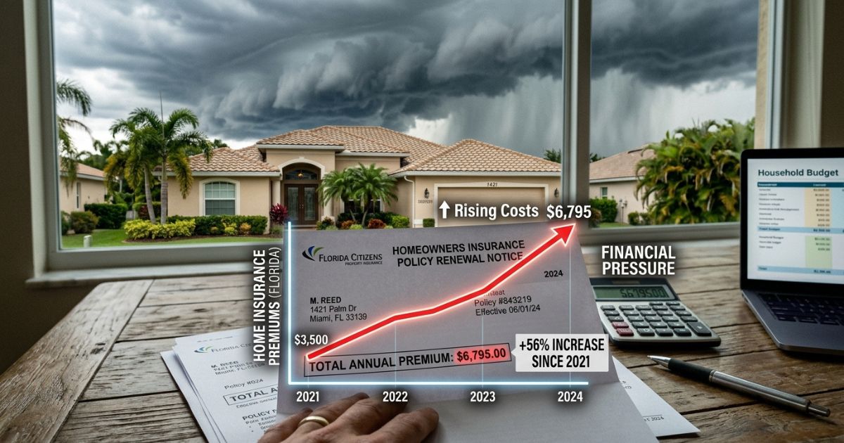 Insurance policy documents and a calculator on a wooden desk — rising cost of Florida homeowners insurance