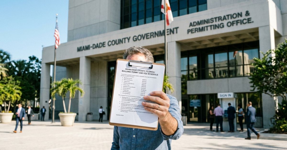 Municipal permitting documents and a building blueprint laid out on an office desk in Florida, representing how impact fees are calculated before a building permit is issued