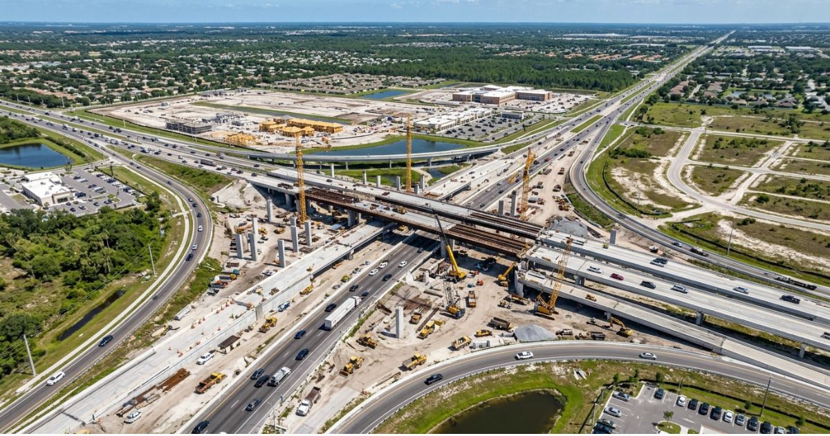 Aerial view of a major Florida interstate interchange under construction, with elevated flyover ramps, cranes, and new residential subdivisions and retail development surrounding the site