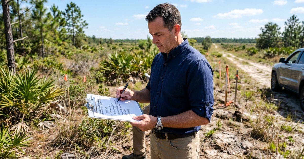 Buyer reviewing a due diligence checklist on a clipboard while standing on a vacant Florida lot marked with survey flags