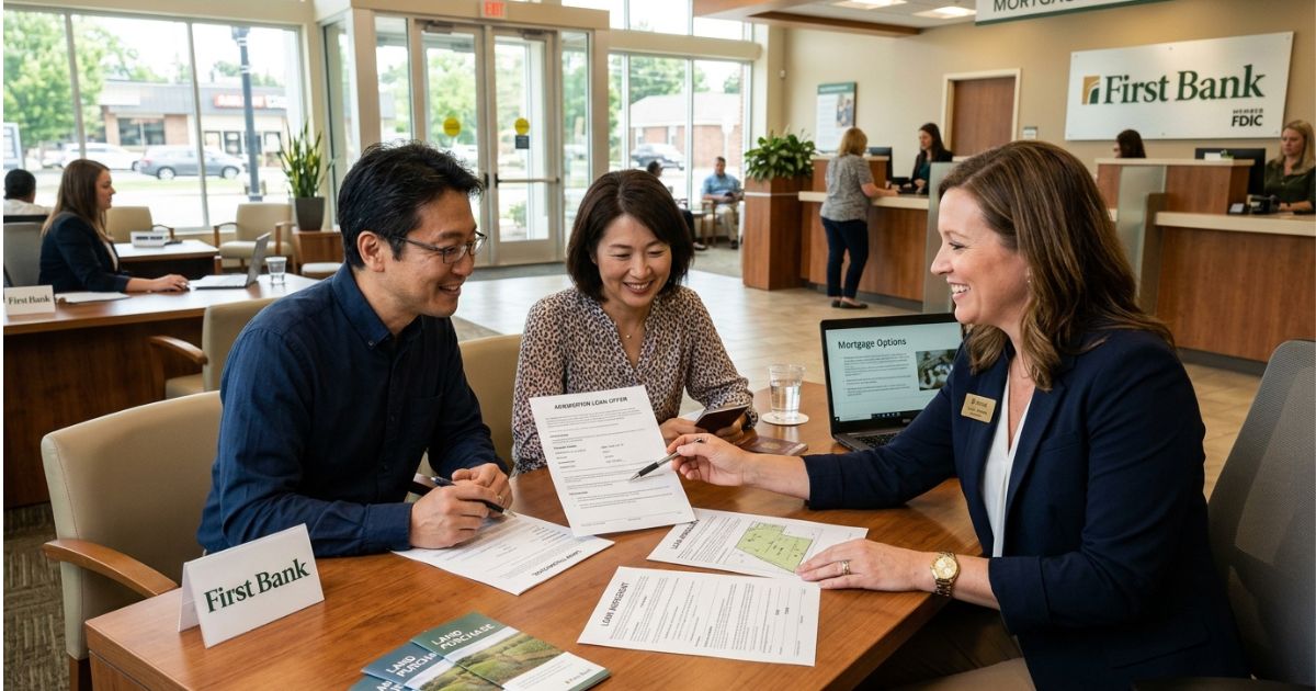 Foreign buyer reviewing financing documents and loan options for Florida land purchase — comparing seller financing terms and lender requirements at a desk