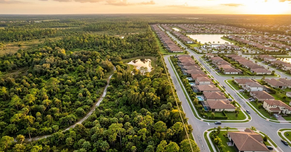Open vacant land parcel at golden hour in Florida — comparing land investment returns versus ready-made property ownership costs including insurance, maintenance, and property taxes