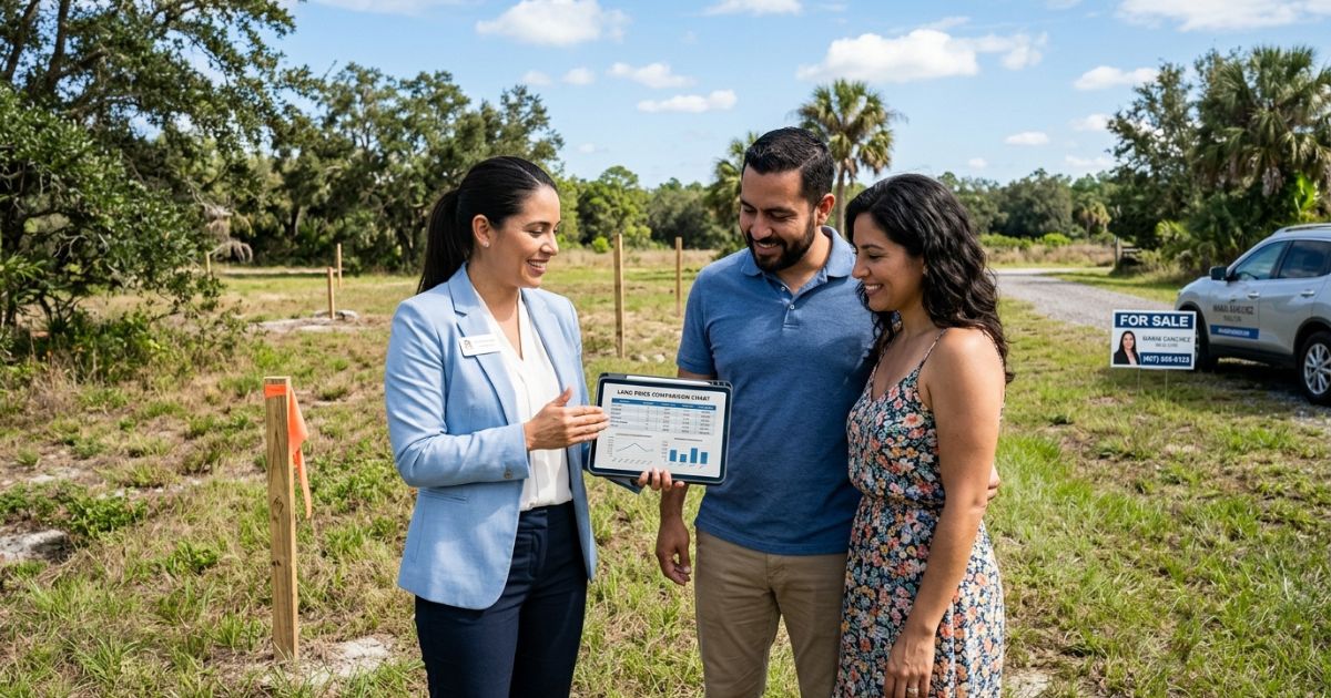 Sunlit vacant land parcel in Florida with a for-sale sign in the foreground and a developing area in the background