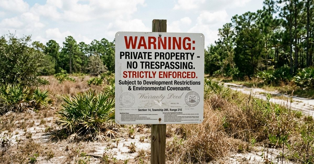 For-sale sign on a Florida land parcel with a deteriorating fence — red flags land buyers should never ignore before closing
