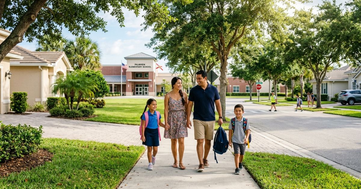 Latin family walking hand in hand with two children in school uniforms on a tree-lined Florida sidewalk, passing Palmview Elementary School in a safe residential neighborhood