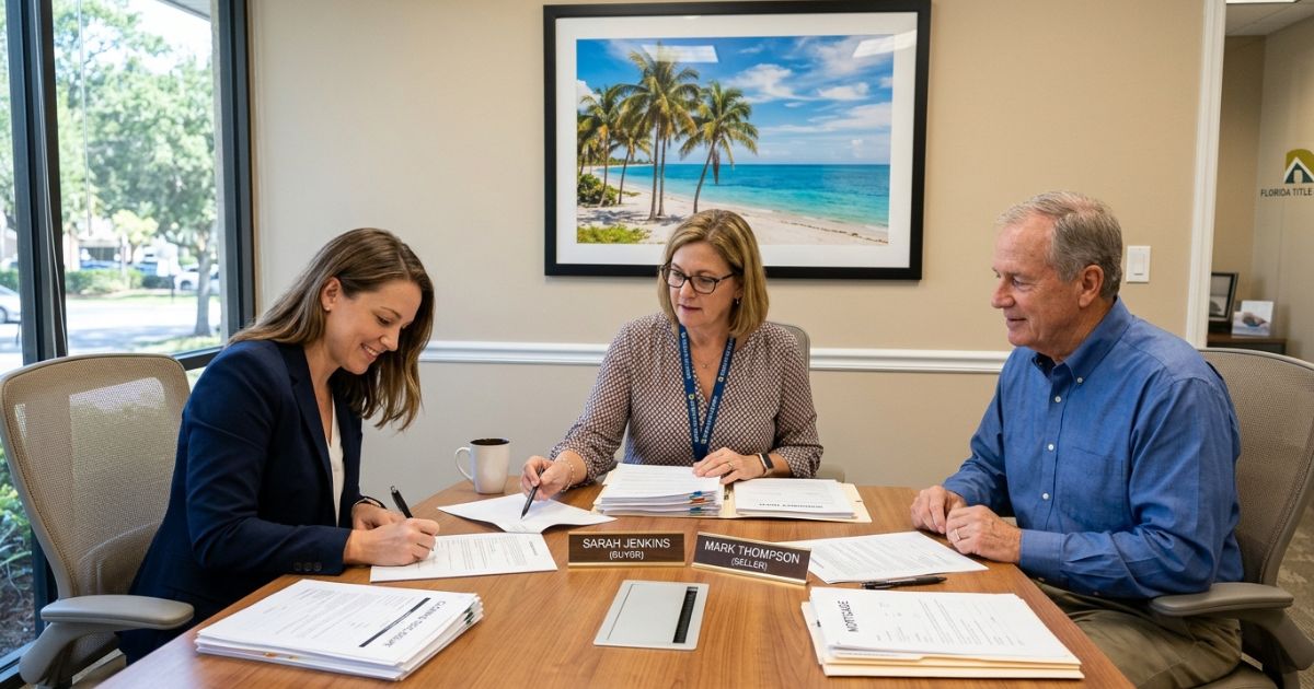 Florida real estate closing documents spread across a title company desk — deed, Closing Disclosure, and settlement paperwork during a property purchase