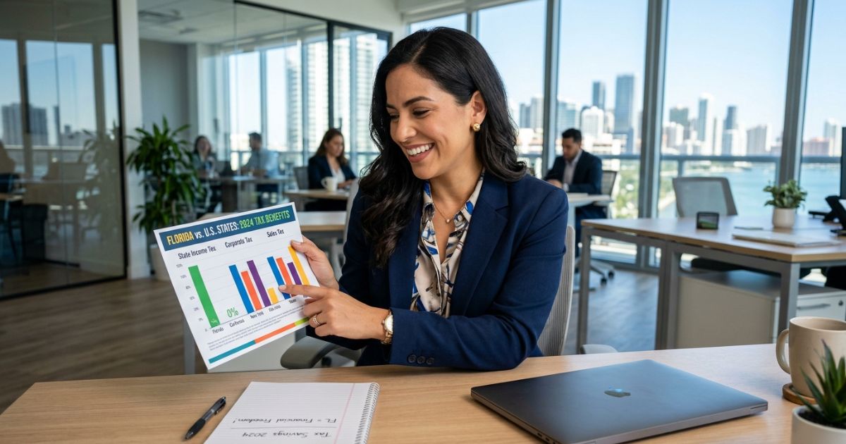 Casal analisando documentos financeiros e uma calculadora em uma mesa, com uma casa na Flórida ao fundo, representando a economia real de morar em um estado sem imposto de renda