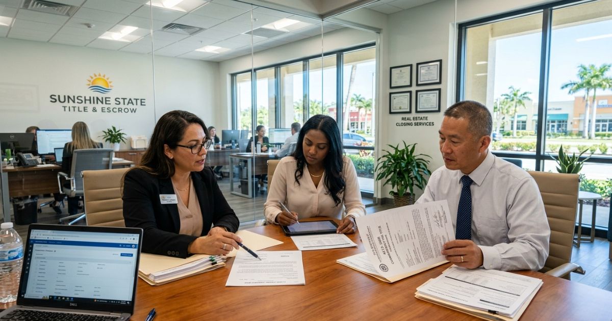 Title company professional reviewing property deed and title insurance documents for a Florida land purchase — closing paperwork and title search records on desk
