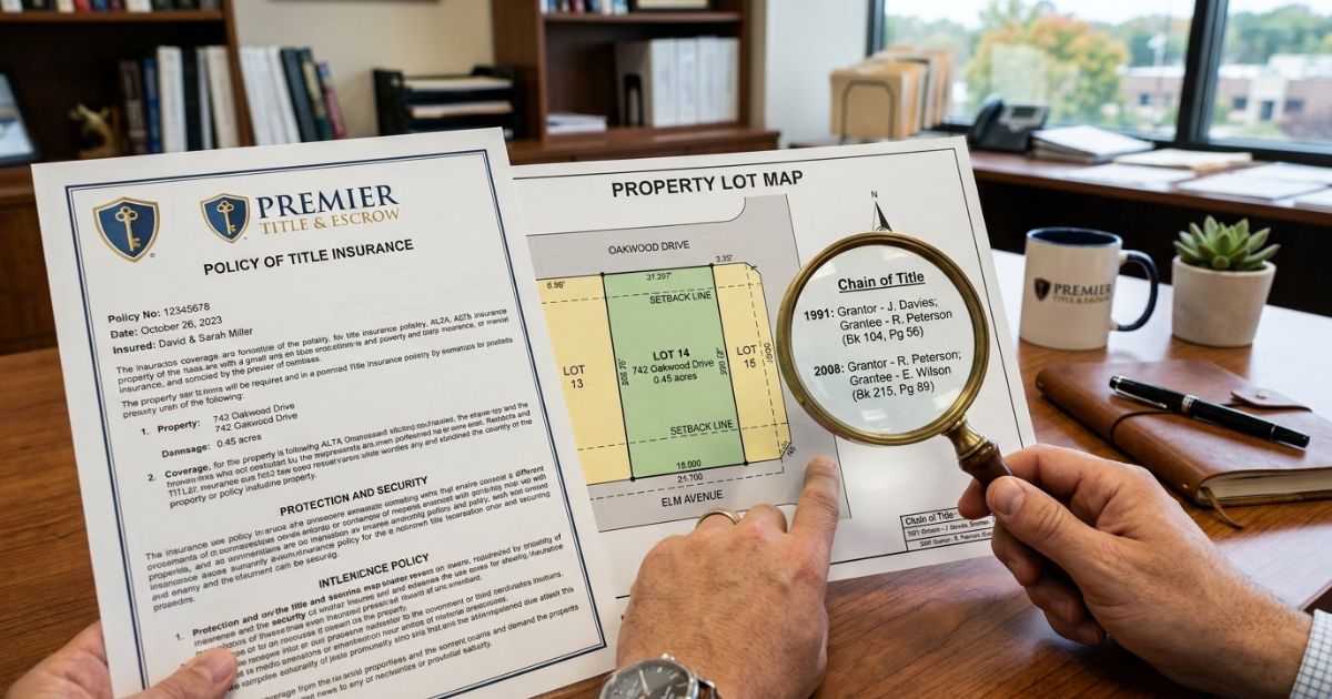 Florida title insurance policy and property deed documents on a title company desk during a land purchase closing — owner's policy, settlement paperwork, and pen ready to sign